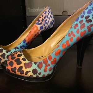 Multi-colored leopard Nine West open toe heels